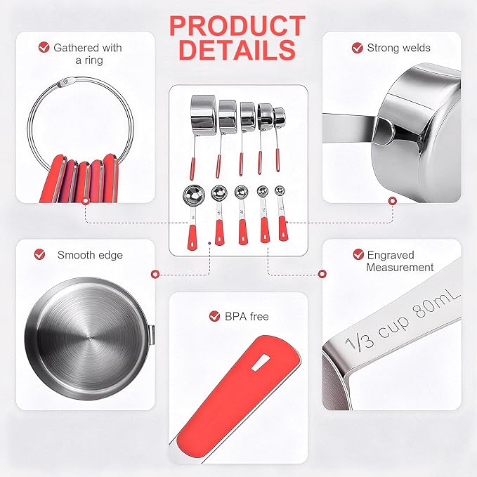 Bopei Measuring Cups and Spoons Set Stainless Steel 10 Piece - Image 3