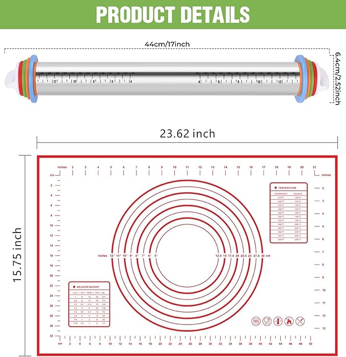 Rolling Pin with Adjustable Thickness Rings and Silicone Baking Pastry Mat Set - Image 2
