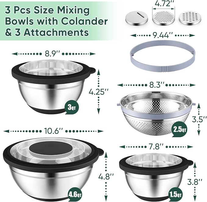 P&P CHEF Mixing Bowls with Lids Set of 3, Stainless Steel Mixing Bowl and - Image 2