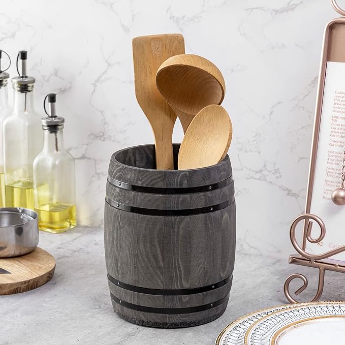 MyGift Wine Barrel Design Kitchen Utensil Crock, Vintage Gray Solid Wood - Image 3