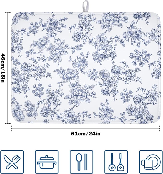 Blue Floral Dish Drying Mat for Kitchen Counter Chinoiserie Flower Microfiber - Image 2