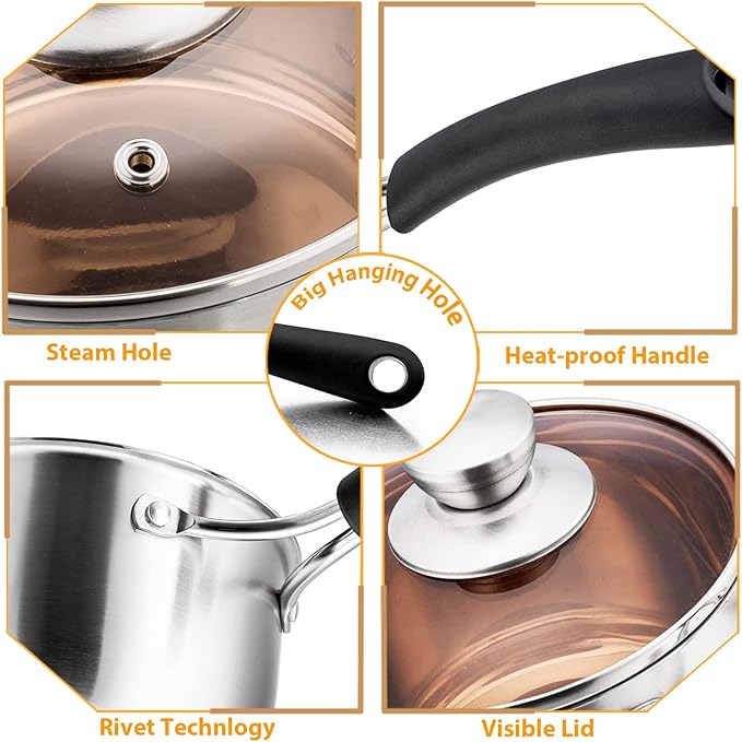 P&P CHEF 1 & 2 Quart Saucepan Small Pot, Stainless Steel Saucepan - Image 3