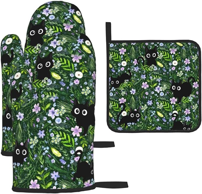 Spring Funny Black Cat Hot Pads and Oven Mitts Heat Resistant, Cute Cat Lover & by Unknown