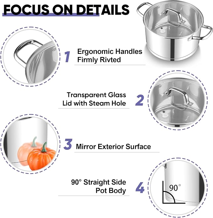 TeamFar 6QT Stainless Steel Stock Pot, Tri-ply Base Cooking Pasta Sauce Soup Pot - Image 3