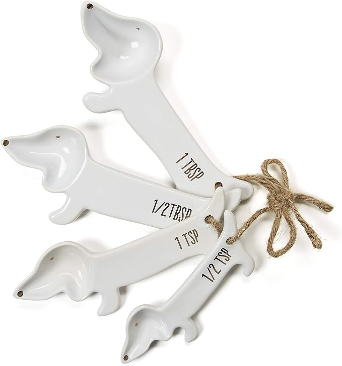 VOTUM White Dachshund Ceramic Measuring Spoon Set – Set of 4 Cute Weiner Dog by VOTUM