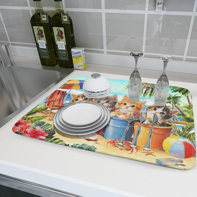 Lovely Cat Dish Drying Mat for Kitchen Counter Holiday Beach Absorbent Coffee - Image 6