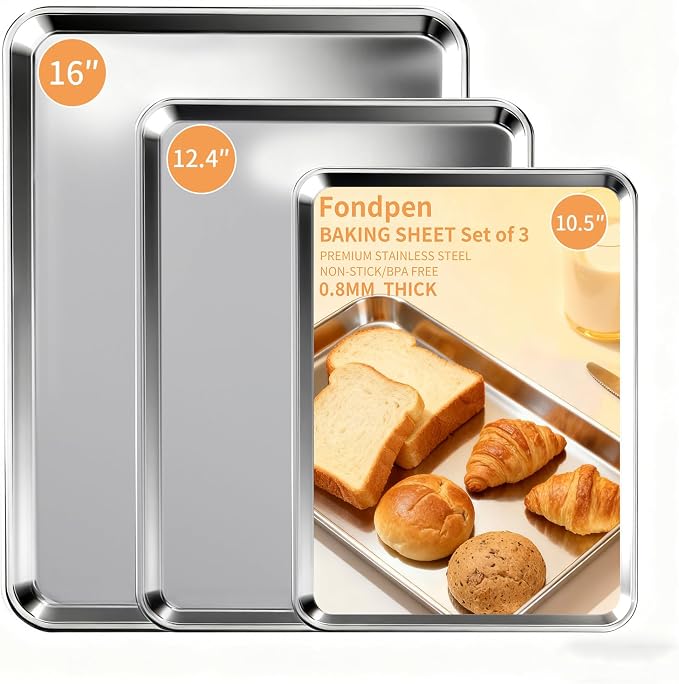 Baking Sheet Set of 3, Stainless Steel Cookie Sheets Baking Sheet Pan, by Fondpen