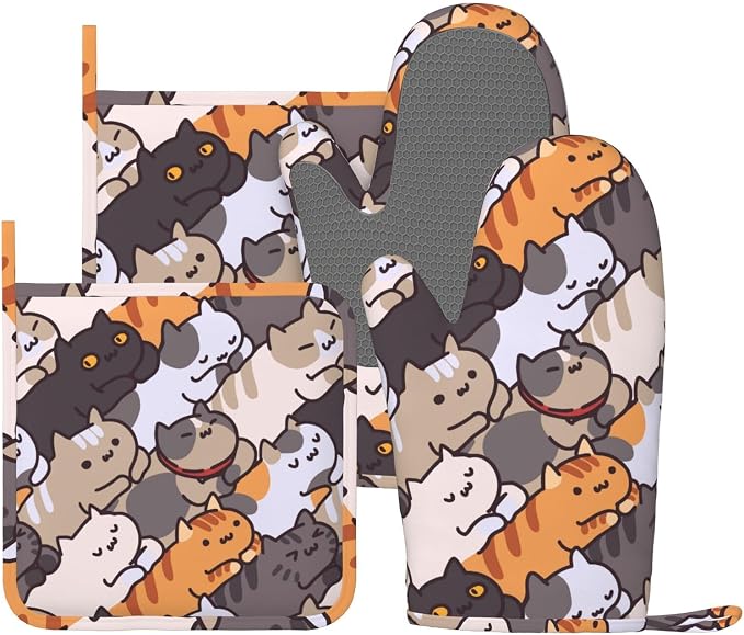 Fun Cat Cartoon Animal Face Oven Mitts and Pot Holders Set of 4 Silicone Heat by VOOHDDY