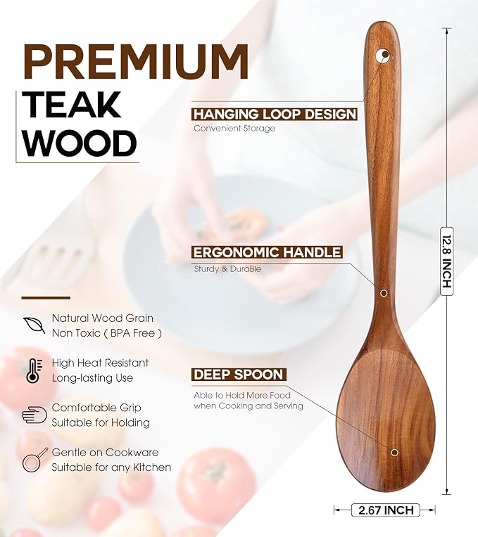 Wooden Spoons for Cooking, Natural Premium Teak Wooden Spoons, Good Grip Large - Image 2