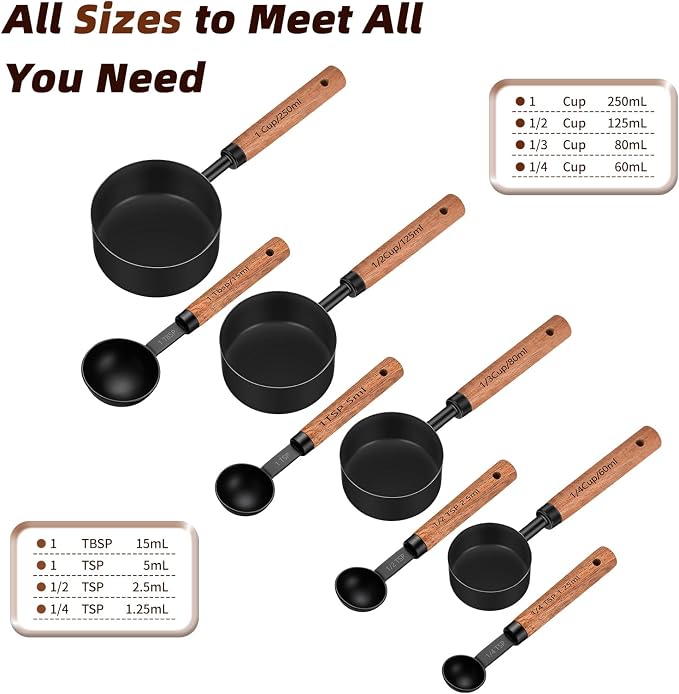 Stainless Steel Measuring Cups and Spoons Set of 8, Stackable Wooden Handle - Image 2