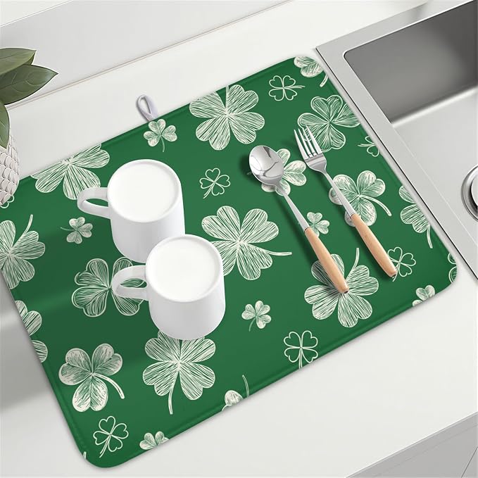 St Patrick's Day Dish Drying Mat 18 x 24 Inch Green Shamrock Dish Drainer Rack - Image 8