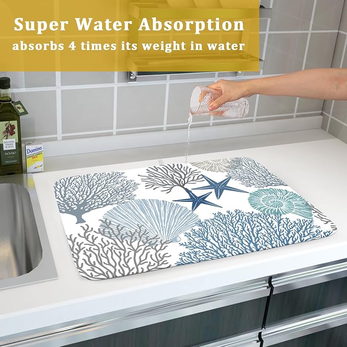 Blue Coral Dish Drying Mat 18x24 Inch Absorbent Reversible Summer Beach Drying - Image 7