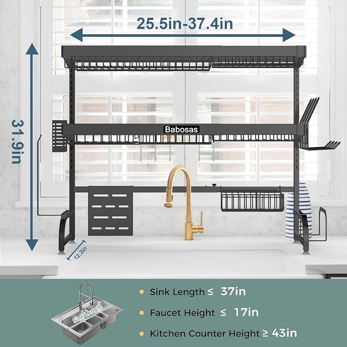Over The Sink Dish Drying Rack, 3 Tier Adjustable Length Full Stainless Steel - Image 6