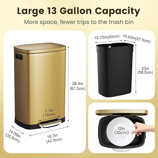 ELPHECO Kitchen Trash Can with Lid Soft Close, 13 Gallon / 50L Stainless Steel - Image 3