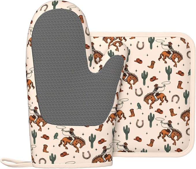 Western Cactus Cowboy Boho Silicone Oven Mitts Pan Mats Set of 2, Heat - Image 2