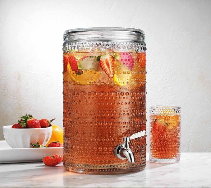 Glavers 2 Gallon Beverage Dispenser Clear Glass Hobnail Beaded Jug, Tight Lid by Glavers