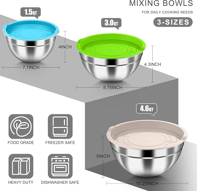 HaWare Mixing Bowls with Airtight Lids, 6-Piece Stainless Steel Salad Bowls - Image 2