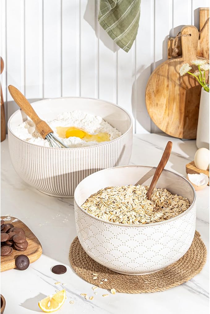 Mikiegy Ceramic Mixing Bowls Set of 2, Nesting Ceramic Embossment Stoneware - Image 4