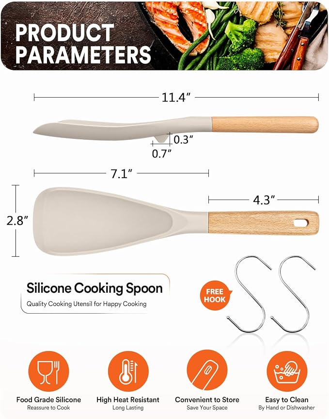 Cooking Spoon for Nonstick Cookwares, Wood Handle Spoon for Mixing, and Scrape - Image 2