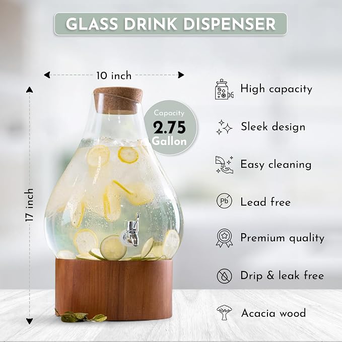 Classic Home Teardrop Clear Glass Ice Cold Beverage Drink Dispenser- 2.75 Gallon - Image 2