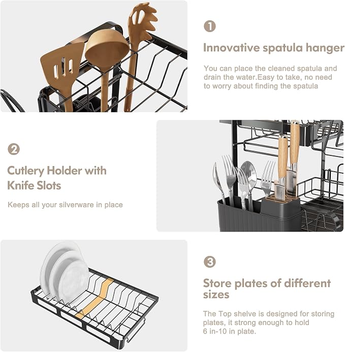 BOOSINY Dish Drying Rack, 2 Tier Large Stainless Steel Black Dish Rack - Image 5