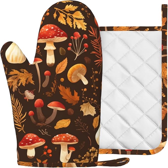 Mushroom Oven Mitts and Pot Holders Sets Vintage Leaf Silicone Kitchen Mitts - Image 2