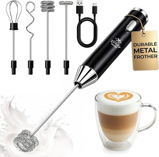 Zulay Kitchen Metal Rechargeable Milk Frother, 3 Whisk Attachments Handheld by ZulayKitchen