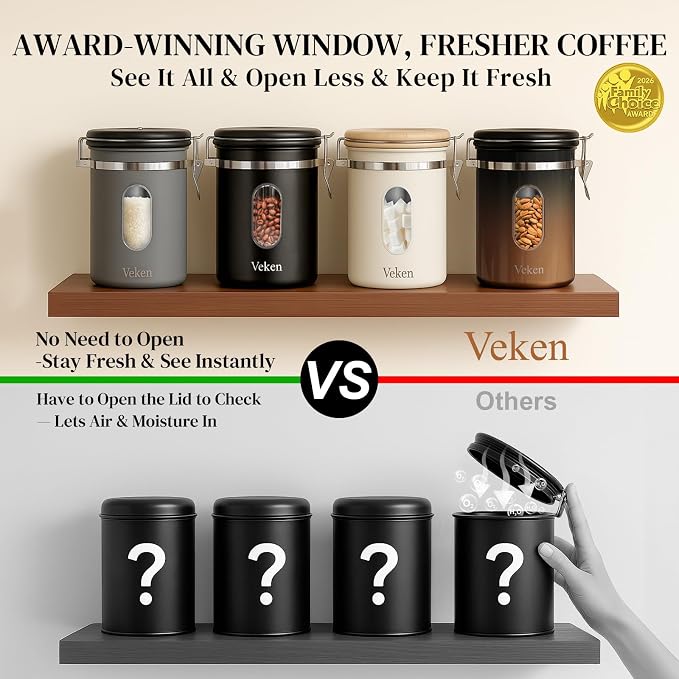 Veken Coffee Canister with Window, Airtight Stainless Steel Kitchen Food - Image 2