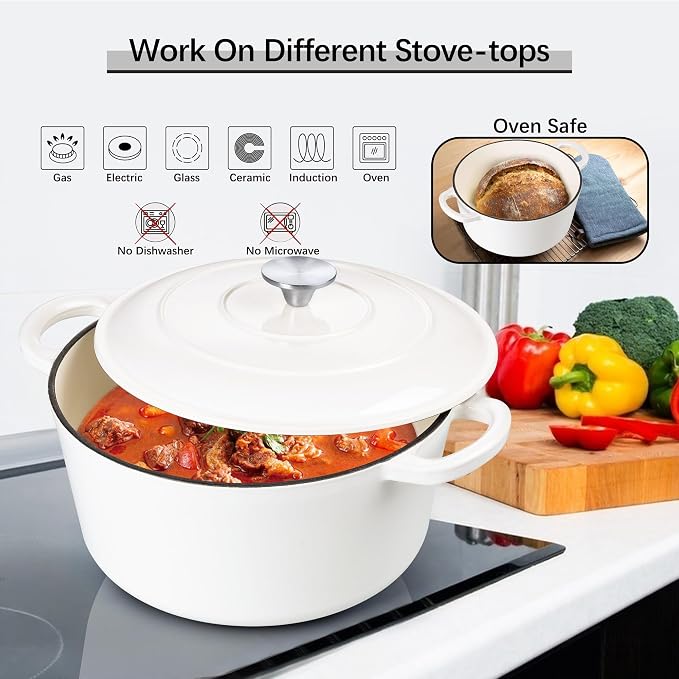 E-far Dutch Oven Pot with Lid, 5 Quart Enameled Cast Iron Round Dutch Oven - Image 6