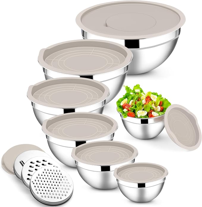 E-far Mixing Bowls with Lids Set, 7-Piece Stainless Steel Metal Mixing Bowls by E-far