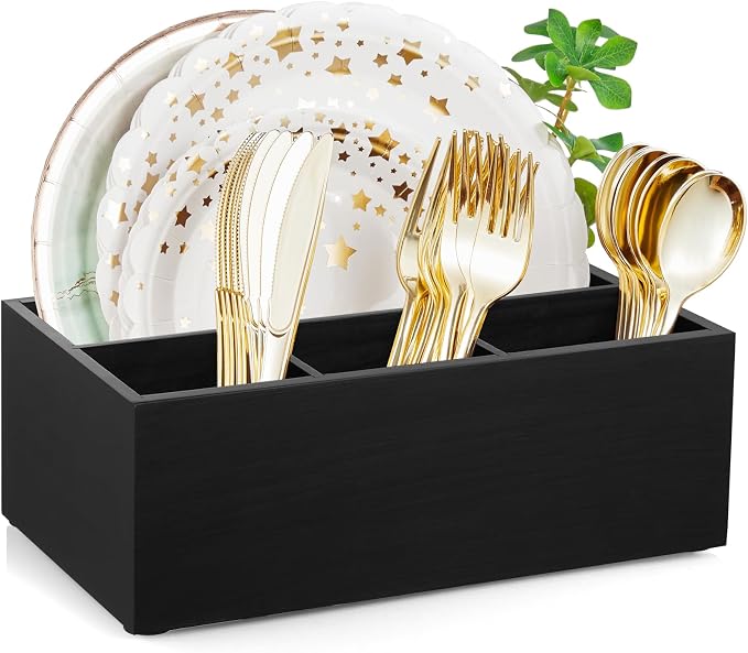 DRASTAR Paper Plate Dispenser, Wooden Utensil Caddy Organizer, Large Silverware by EnhanceYourDailyLife
