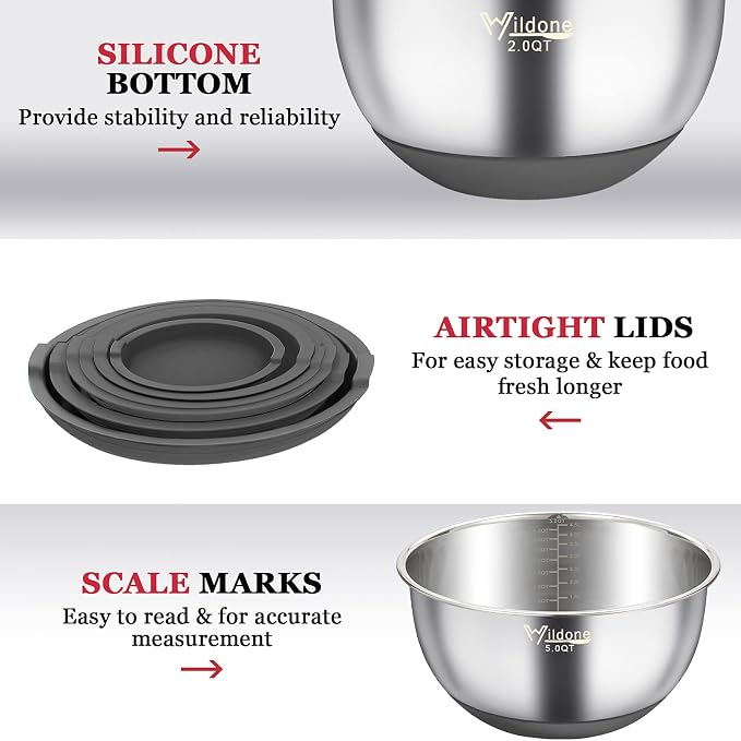 Wildone Mixing Bowls with Airtight Lids, 3 Grater Attachments, Measurement - Image 6