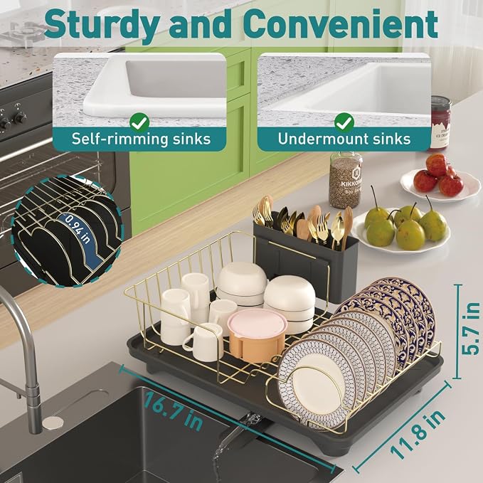 Buruis Dish Drying Rack for Kitchen Countertop, Large Capacity Gold Stainless - Image 3