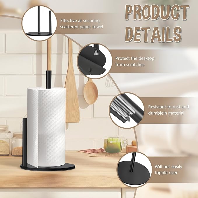 Paper Towel Holder Countertop, Premium Stainless Steel Black Paper Towel Holder - Image 3