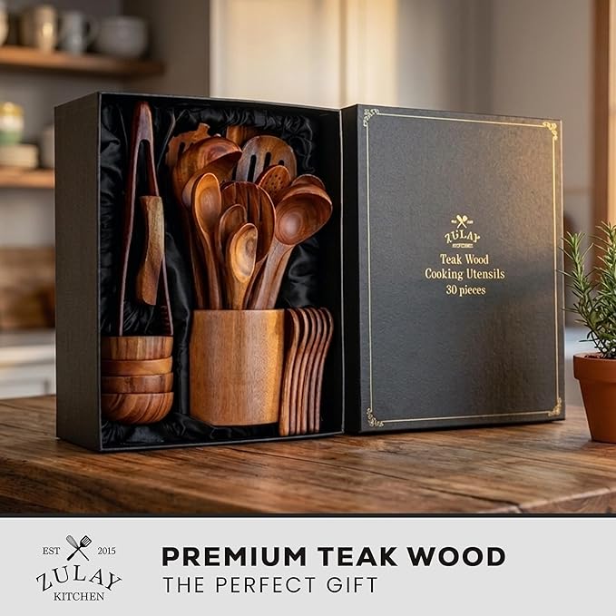 Zulay Kitchen 30-Piece Teak Wooden Utensils - Image 2