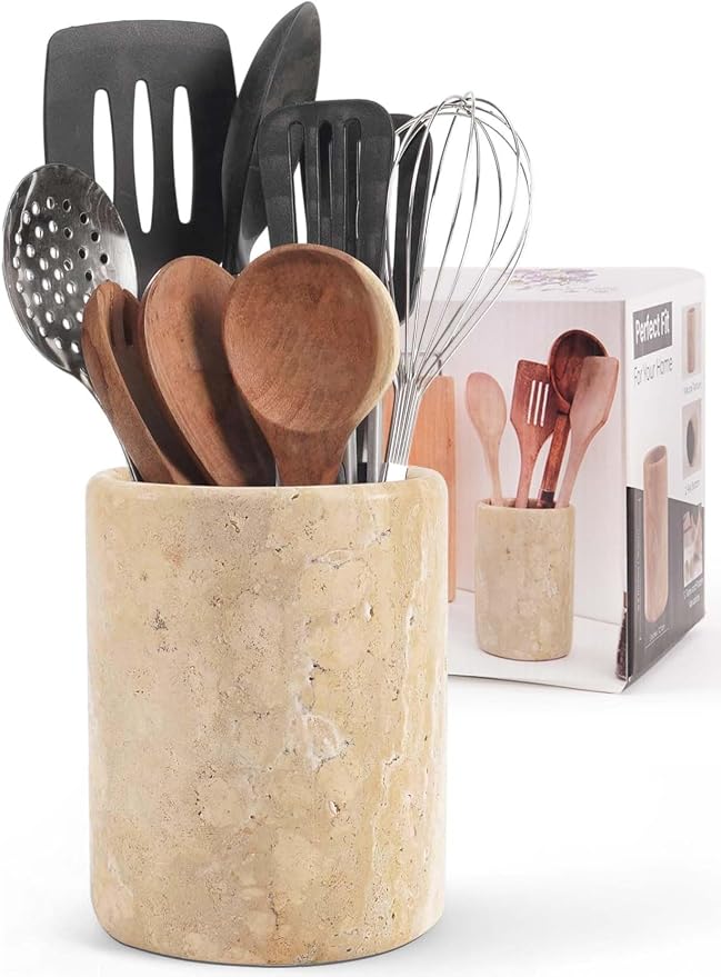 Marble Utensil Holder 6.5 Inch Travertine Utensil Caddy, Wooden Cooking by SPESHSTONES