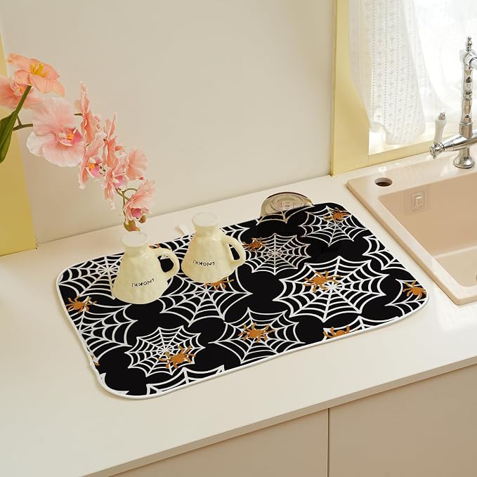 Halloween Dish Drying Mat 18x24 Inch Black Orange Golden Spider Webs Drying Mat - Image 6