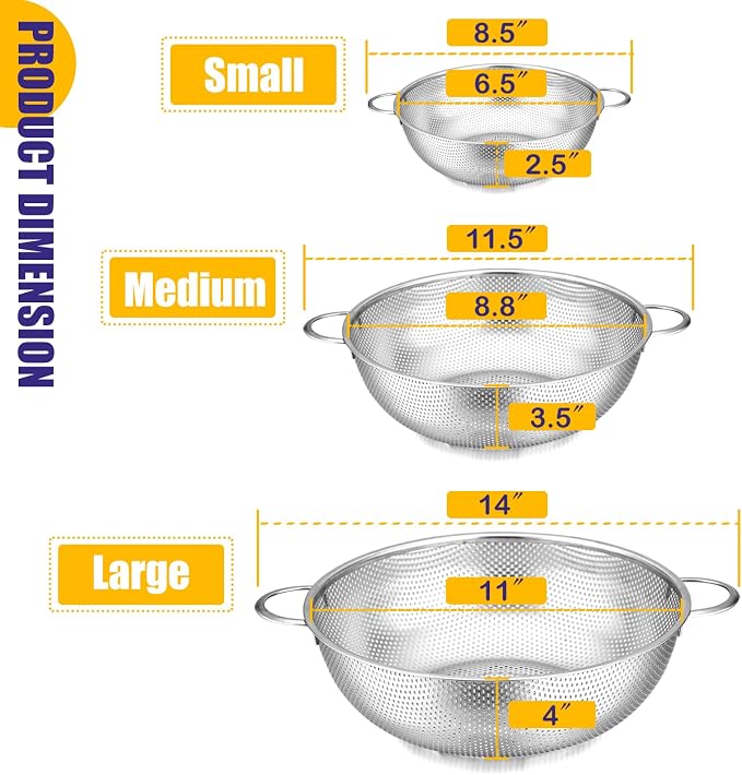 E-far Stainless Steel Colander Set of 3, Micro-Perforated Metal Colander - Image 2
