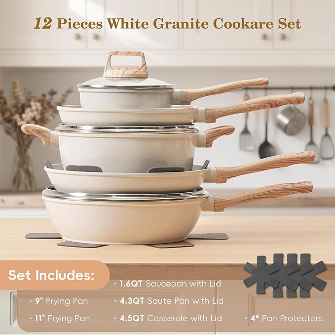 SODAY 12 Pcs Pots and Pans Set Non Stick, Cookware Sets White Granite Induction - Image 2