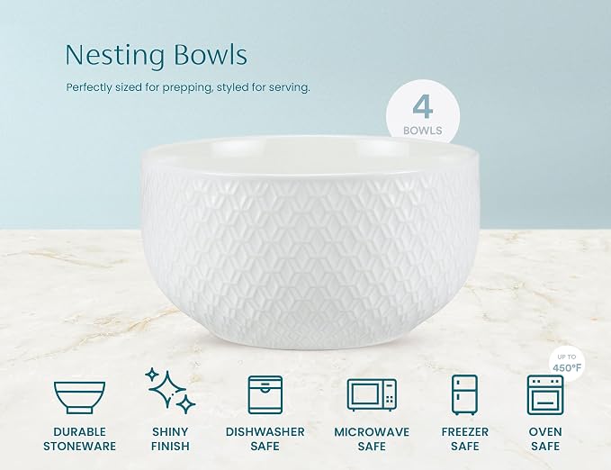KooK Ceramic Mixing Bowls, Nesting Set of 4, Embossed Kitchen Dishware - Image 5