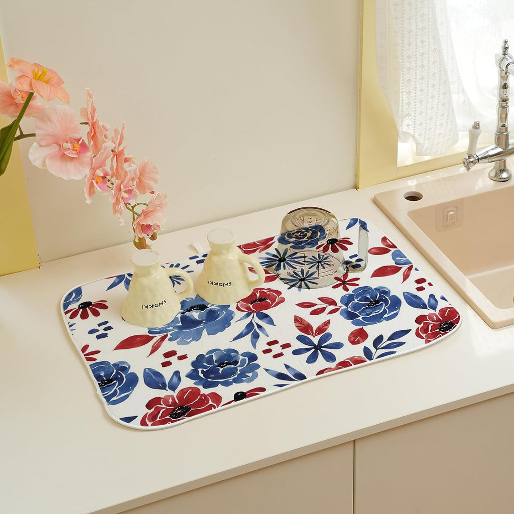 Red Blue Floral Dish Drying Mat 18x24 Inch Vintage 4th of July Drying