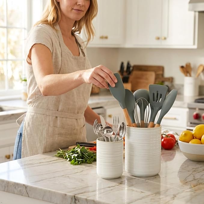 HASENSE Cooking Utensil Holder, 7.4"+5.5" Ceramic Kitchen Utensil Holder - Image 3