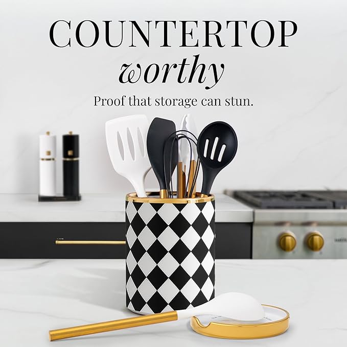 STYLED SETTINGS Black & White Checkered Utensil Holder Set – Large Ceramic - Image 4