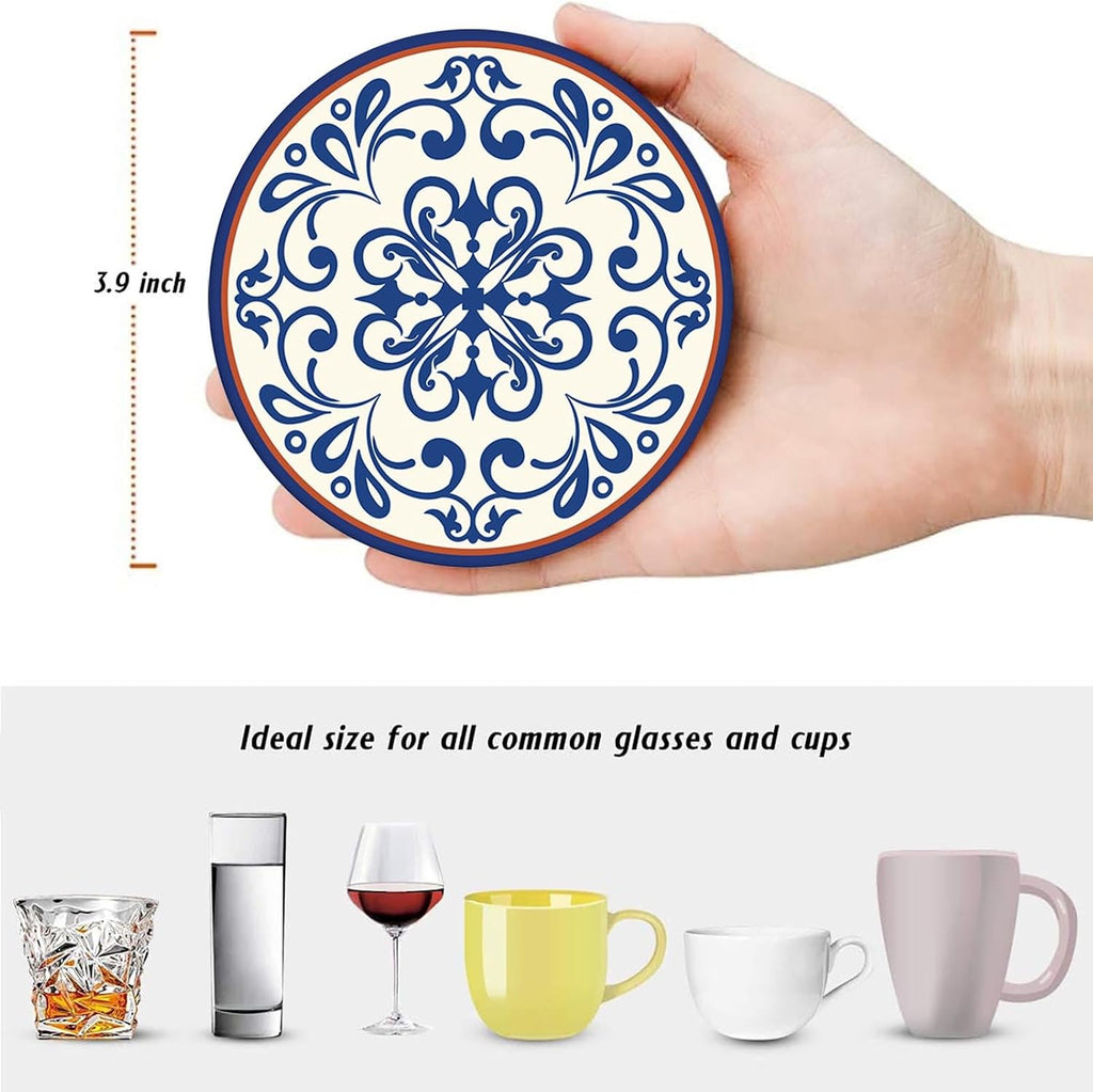 Coasters for Drinks, Set of 6, Ceramic Stone Vintage Blue