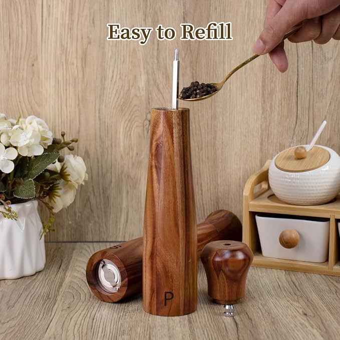 Haomacro 2 Pack 10 Inch Acacia Wooden Salt and Pepper Grinder Set, Manual Salt - Image 5