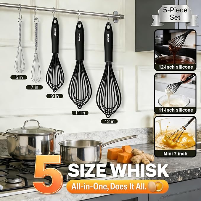 Anaeat Kitchen Whisk Set of 5, Egg Beater Milk ​Blender - Image 7