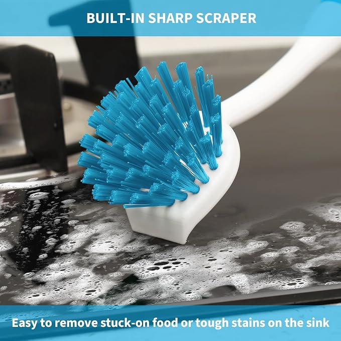 Dish Brush with Handle, 2 Pack Scrub Brushes with Built-in Scraper - Image 3