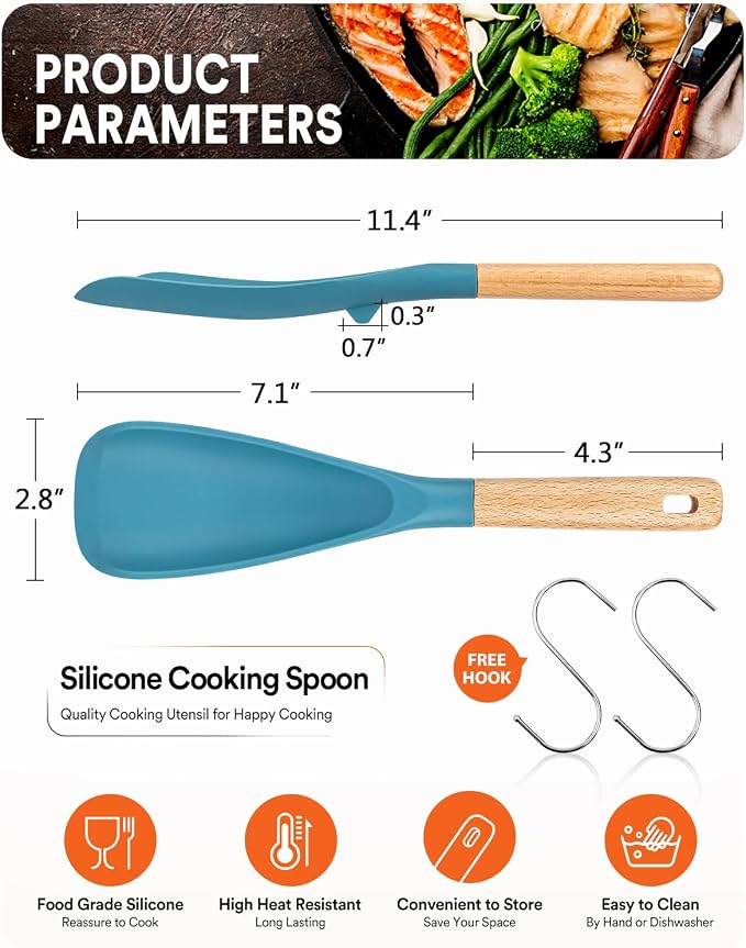 Cooking Spoon for Nonstick Cookwares, Wood Handle Spoon for Mixing, and Scrape - Image 2