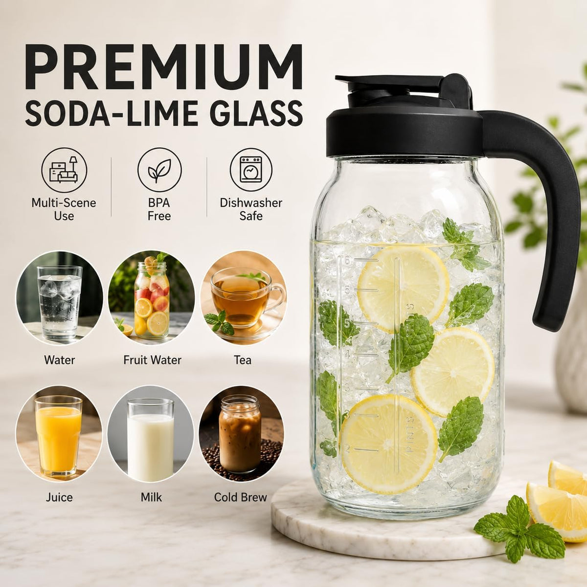 New Updated Glass Pitchers with Lid, Handle lengthened and thickened