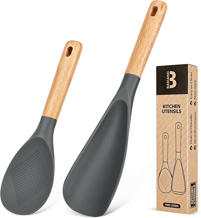 Cooking Spoon and Rice Scooper for Nonstick Cookwares, Wood Handle Spoon for by BADIANO